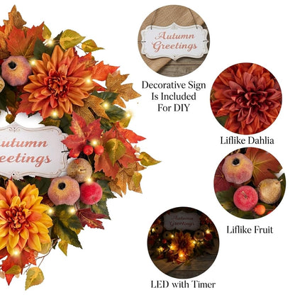 Valery Madelyn 24'' Collapsible Pre-Lit Fruits Fall Wreath for Front Door