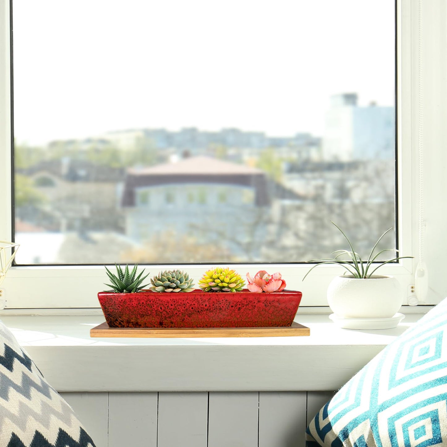 ARTKETTY Succulent Pots, 9.8 Inch Ceramic Succulent Planters with Drainage Small Bonsai Pot with Bamboo Tray, Mini Cactus Flower Planter Pot Shallow Rectangular Window Planters for Indoor Plants