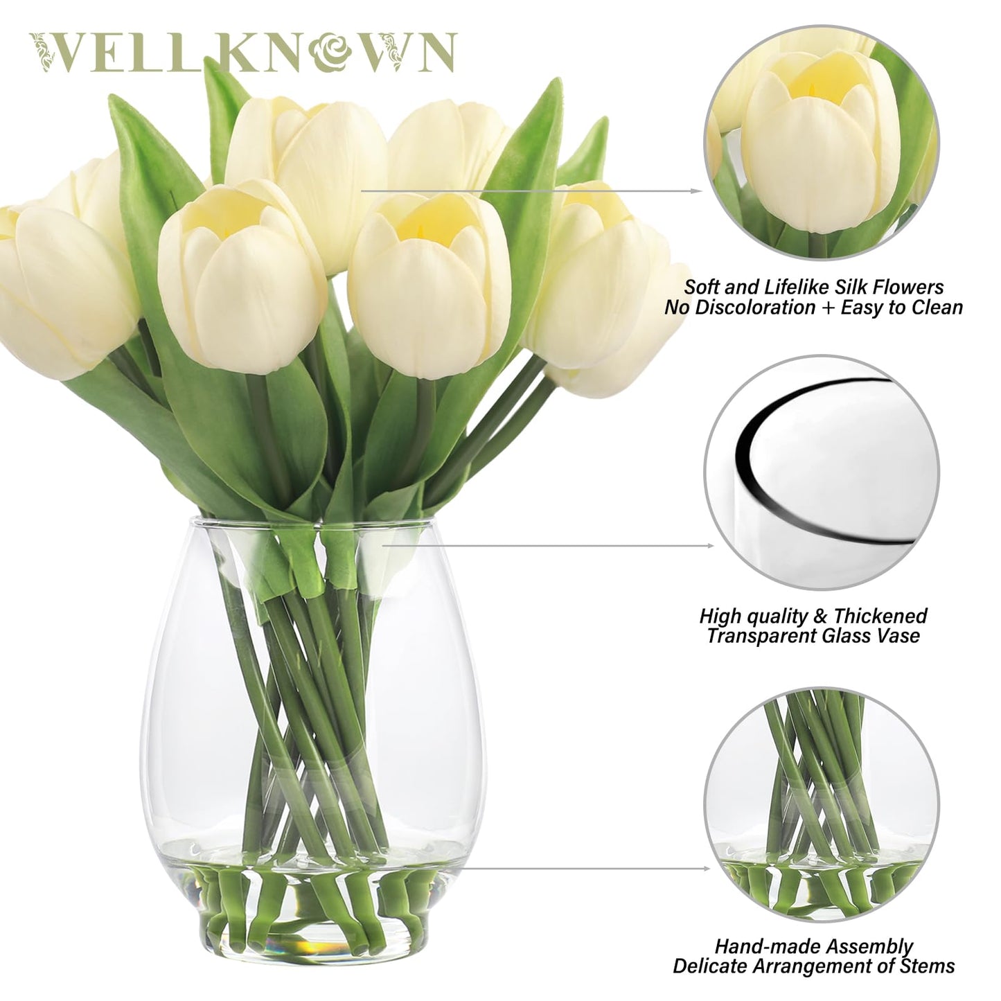 WELL KNOWN 12 Pcs Tulips Artificial Flowers in Vase, Real Touch Tulips with Vase with Upgrate Acrylic Water Flower Arrangements Centerpiece for Dining Room Table Decoration（Cream）