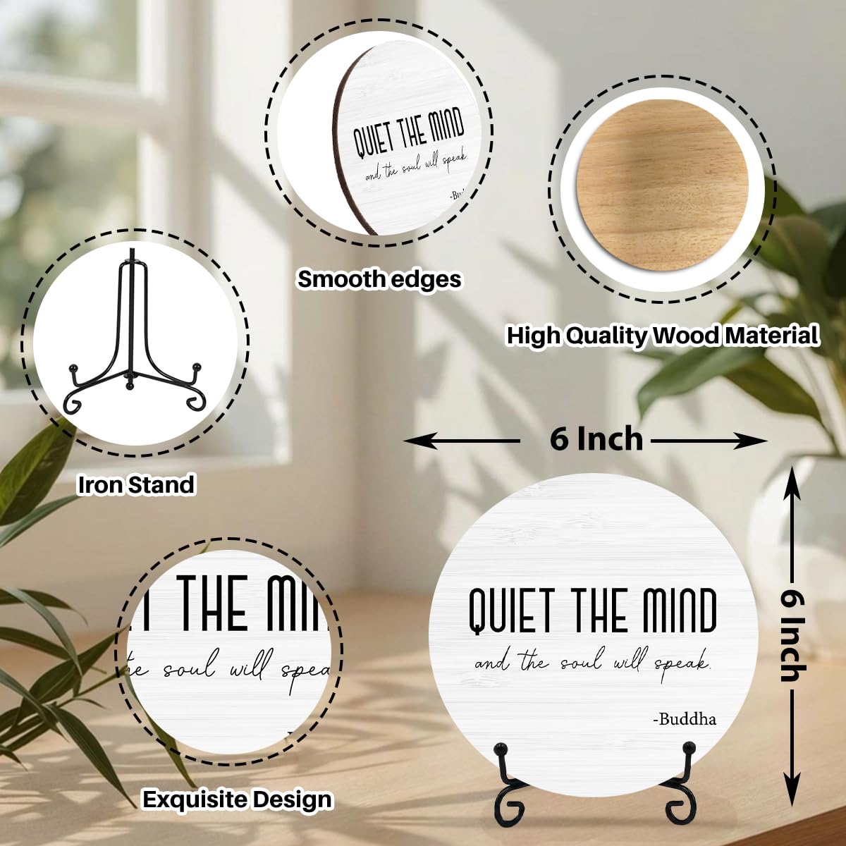 Zen Decor, Meditation Accessories, Spiritual Decorations, Zen Meditation Gifts for Office Yoga Room Bedroom Decors, Quiet The Mind And The Soul Will Speak Sign Round Wood Plaque with Support Stand