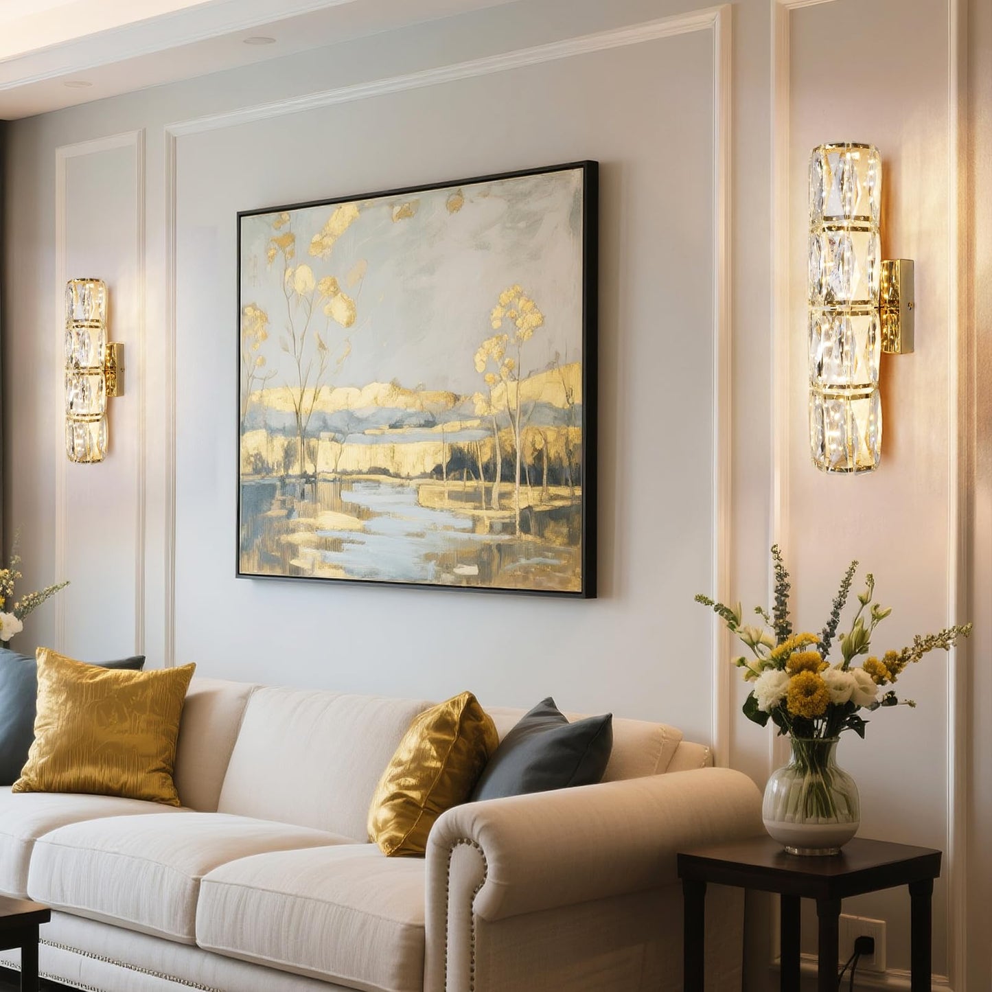 passong Gold Crystal Wall Sconces, Dimmable LED Wall Light Fixtures with Remote, Modern Luxury K9 Crystal Vanity Lighting for Bedroom Bathroom Living Room Hallway Stairway, Hardwired 3000K-6000K