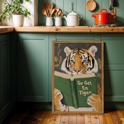 Framed Funny Tiger Wall Art, Motivational Animal Reading Wall Decor Paintings, Eclectic Go Get Em Tiger Canvas Prints Pictures Home Decor for Living Room Bedroom Dorm Office 12x16 inch