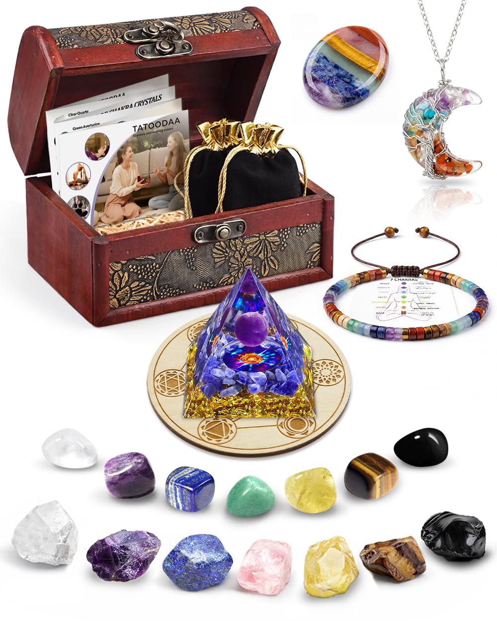 Crystals and Healing Stones Set - Chakra Crystals Gift for Women, Thumb Worry Stones, Chakra Bracelets, 7 Chakra Stones Set, Orgone Pyramid for Positive Energy Balance, Birthday Gifts for Women