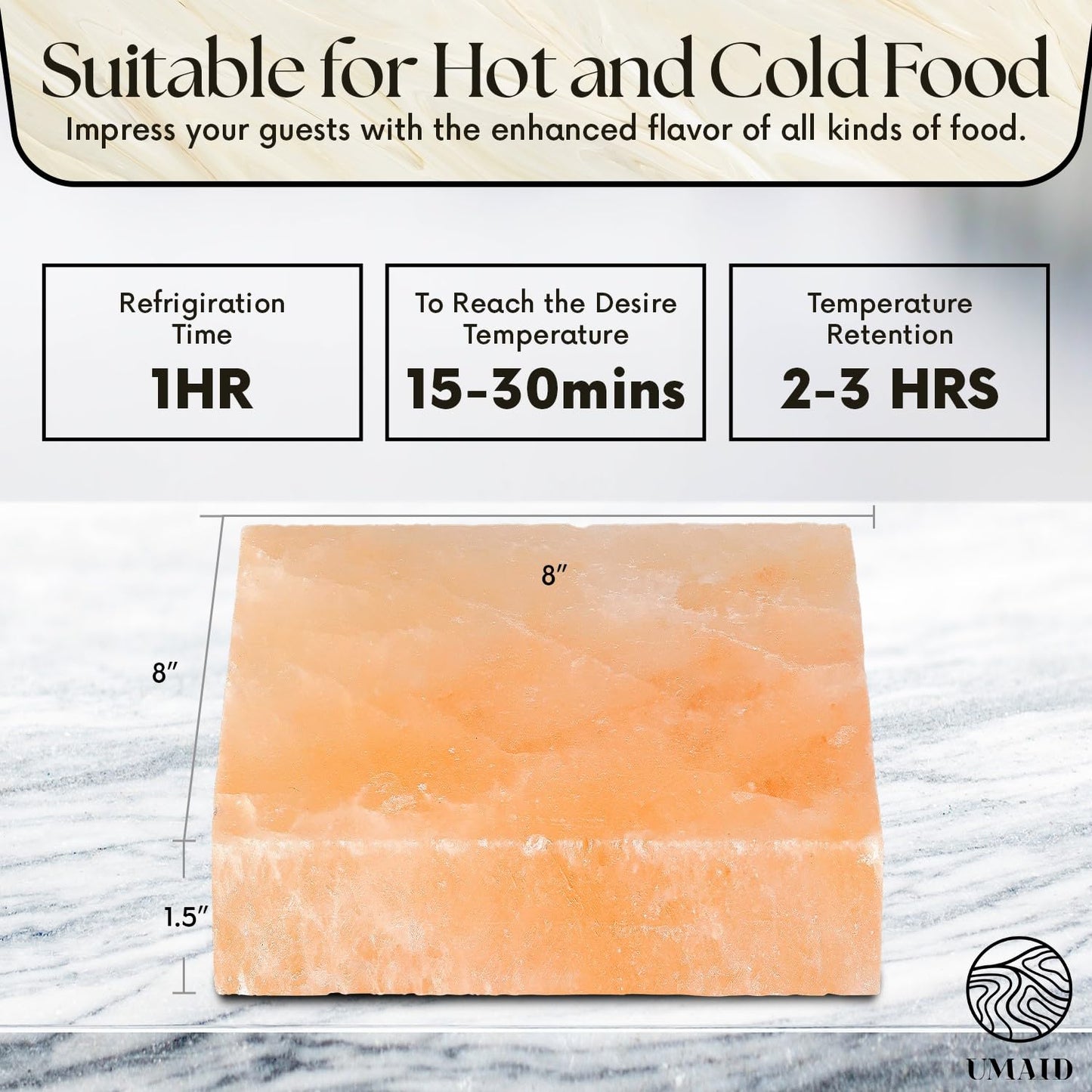 UMAID Himalayan Salt Block Cooking Plate 8x8x1.5 – Food Grade Pink Himalayan Salt Stone for Cooking, Salt Block for Grilling, Serving & Food Presentation – Includes Stainless Steel Tray & Recipe Booklet – Unique Gifts for Men & Dad Gifts for Fathers Day