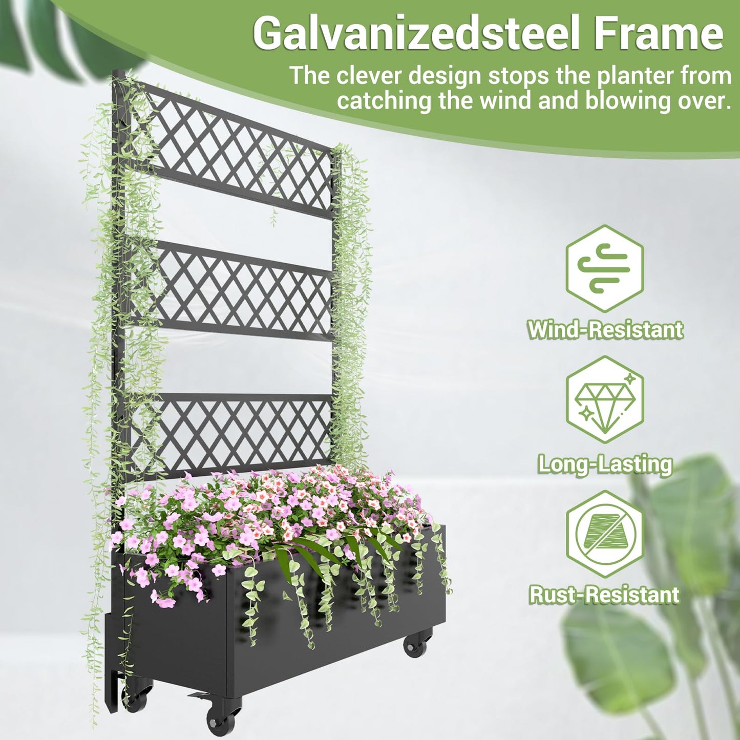 Metal Planter Box with Trellis Privacy Screen, 67"x41"x16" Raised Garden Bed with Trellis, Privacy Planter Boxes, with Planting Bag & Lockable Casters for Climbing Plants,Vegetables,and Vines