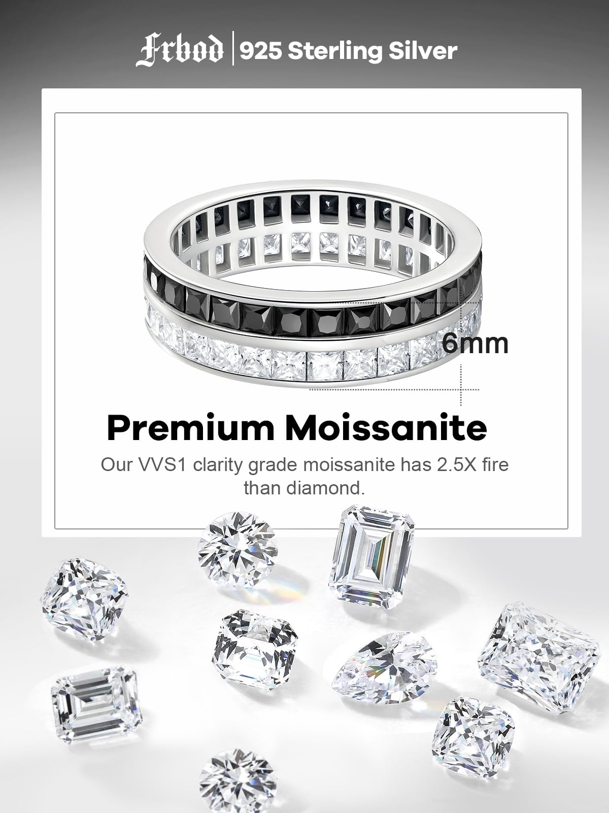 Frbod Black Moissanite Rings Hypoallergenic White Gold Plated Ring Sparling Eternity Diamond Band for Women Size 8