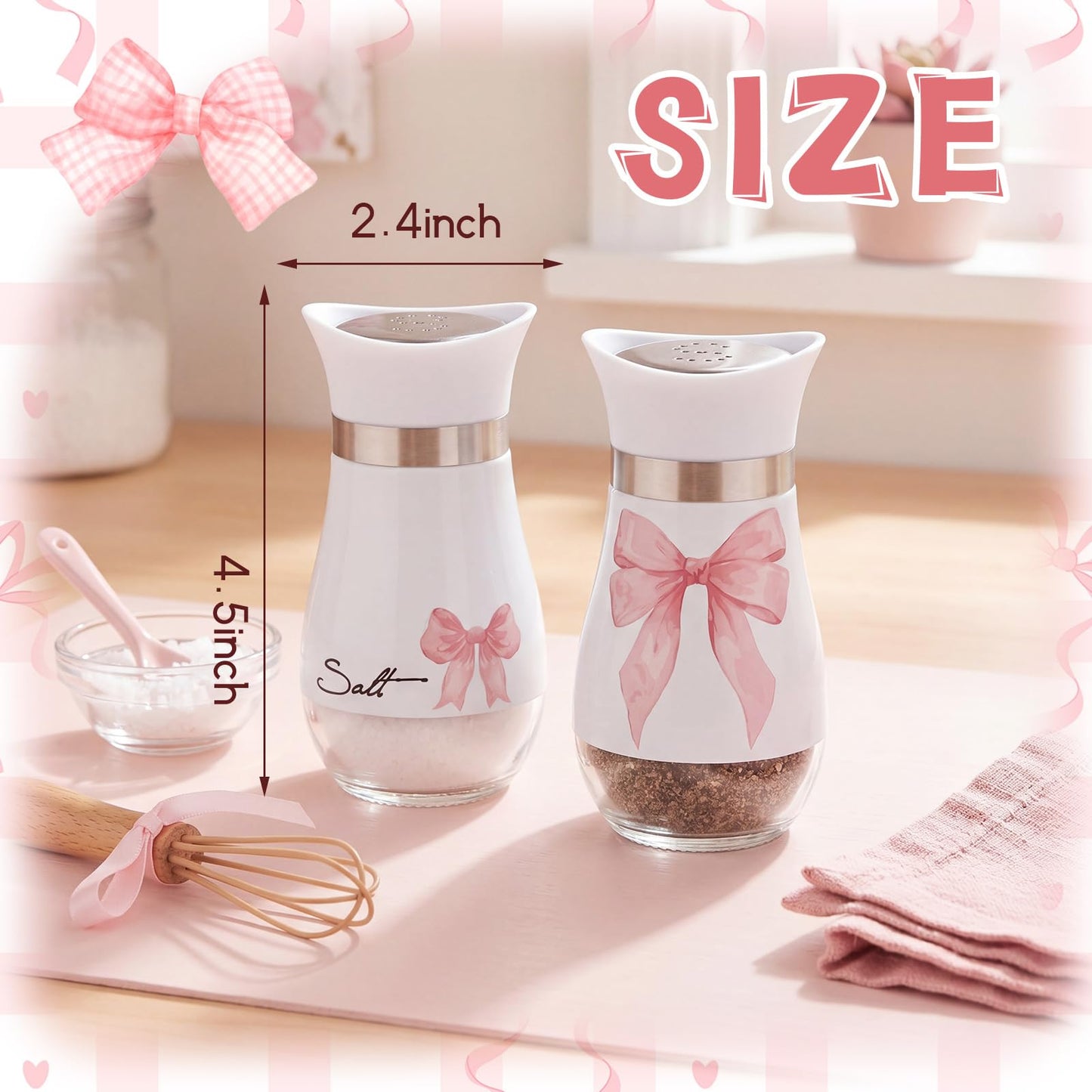 Bokon 2 Pack Pink Bow Salt and Pepper Shakers Set, Coquette Stainless Steel Containers with Glass Bottom for Kitchen Accessories, Home Decorations, Cooking, BBQ, Camp, Beach, Bar, Idea