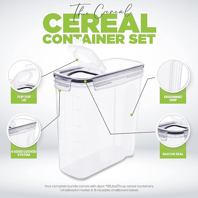 Utopia Kitchen Cereal Containers Storage Set – 4 Pack 4L Airtight Food Storage