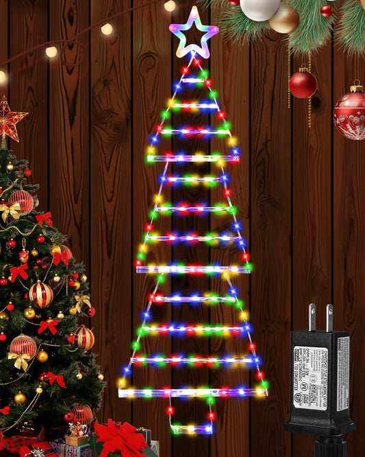 (Upgraded) Christmas Decorations, Christmas Lights, 184 LED Lighted Santa Ladder with Star Topper, 4.6ft Christmas Tree Hanging Ornament with 8 Light Modes for Doors, Walls and Windows - Multicolored