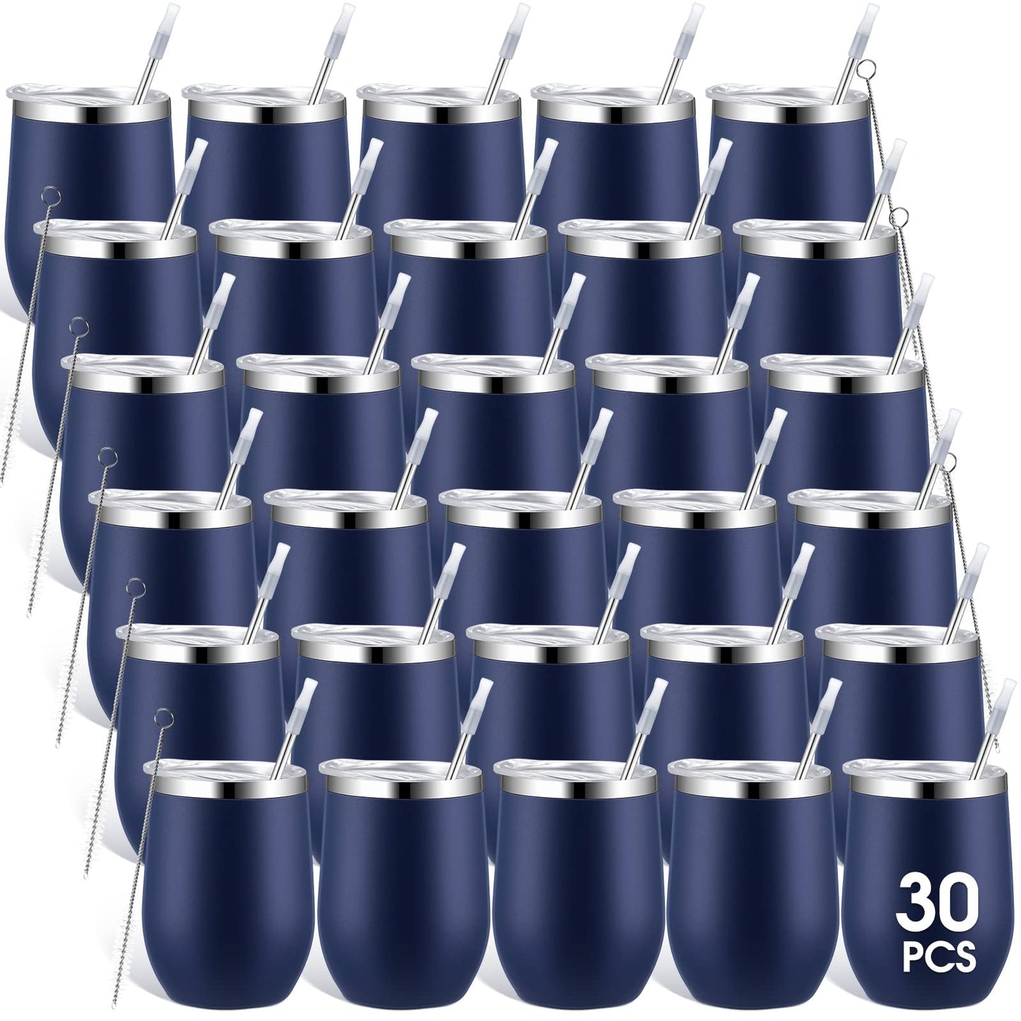 Inbagi 30 Pack 12 oz Stainless Steel Tumblers Bulk with Lids and Straws, Double Wall Insulated Wine Tumblers for Wedding Party Favors, Bridal Shower, Birthday Event Gifts (Navy Blue)