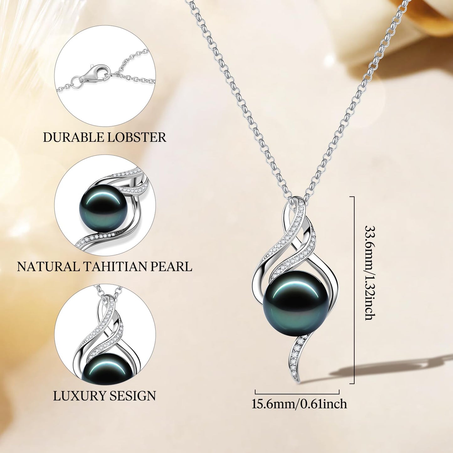 FANCIME Gift for Women Wife Natural Tahitian Pearl Necklace Sterling Silver Ondine’s Heart 10-12MM Black Pearl Luxury Jewelry Gift for Women, Mother, Wife, 16"+2" Adjustable