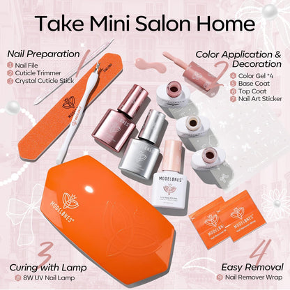 Modelones Gel Nail Polish Kit with UV Light, Milky White Nude Glitter Pink Red Gold Fall Metallic Manicure Set with Base Top Coat Star Stickers 4 Colors Gel Mini Salon Nail Art Gift for Women Girl