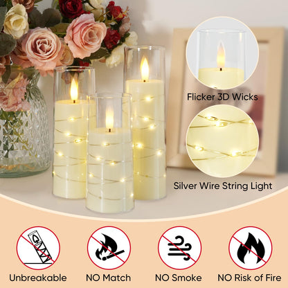 Raycare Flameless Candle with Remote Timer 7 Flickering Acrylic Battery Operated LED Pillar Candles with Embedded Star String for Christmas, Wedding, Home Table Decor, and as a Gift (Ivory White)