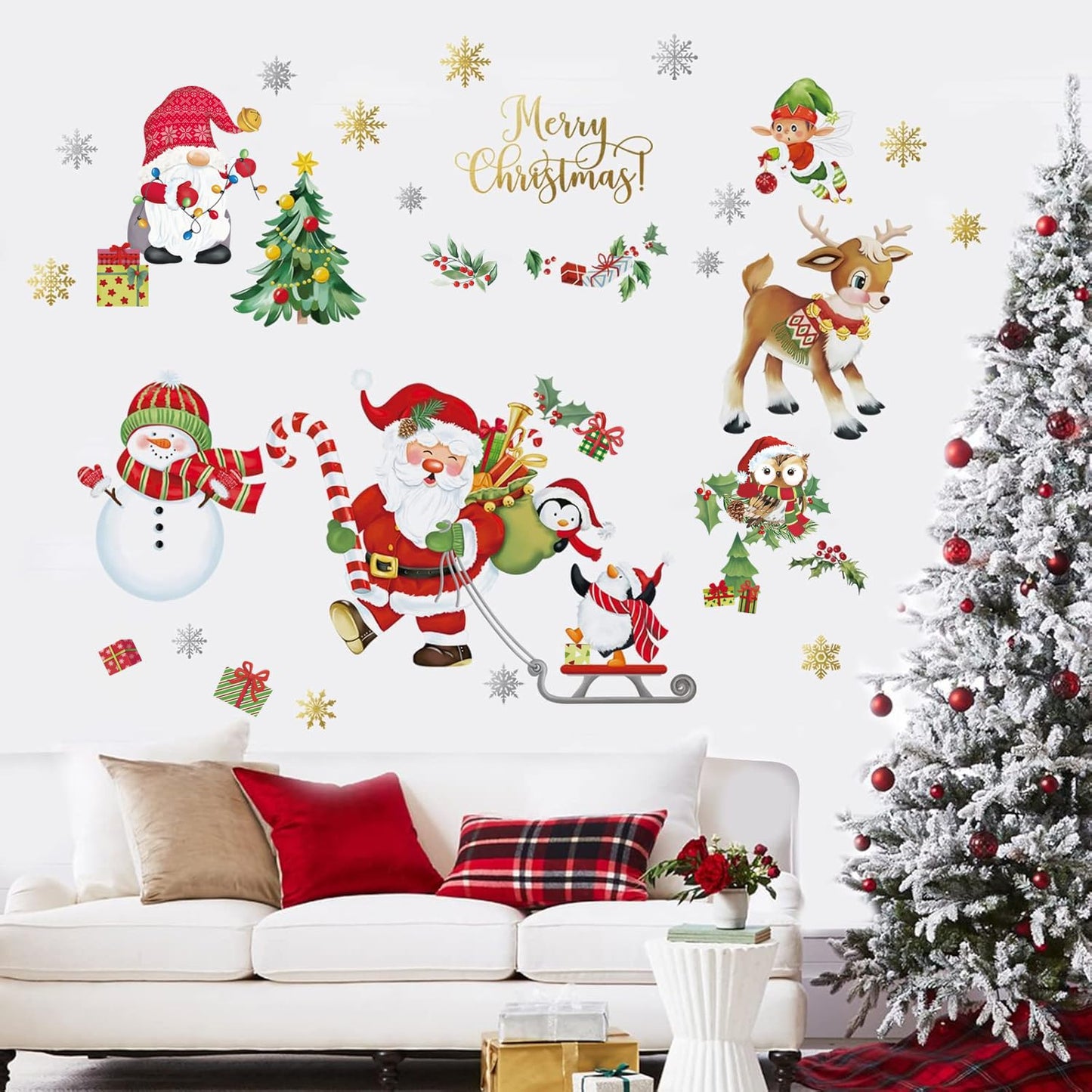 decalmile Christmas Window Wall Decals Santa Claus Elk Wall Stickers Snowman Snowflake Winter Penguin Window Clings Kids Room Home Party Shop Decorations