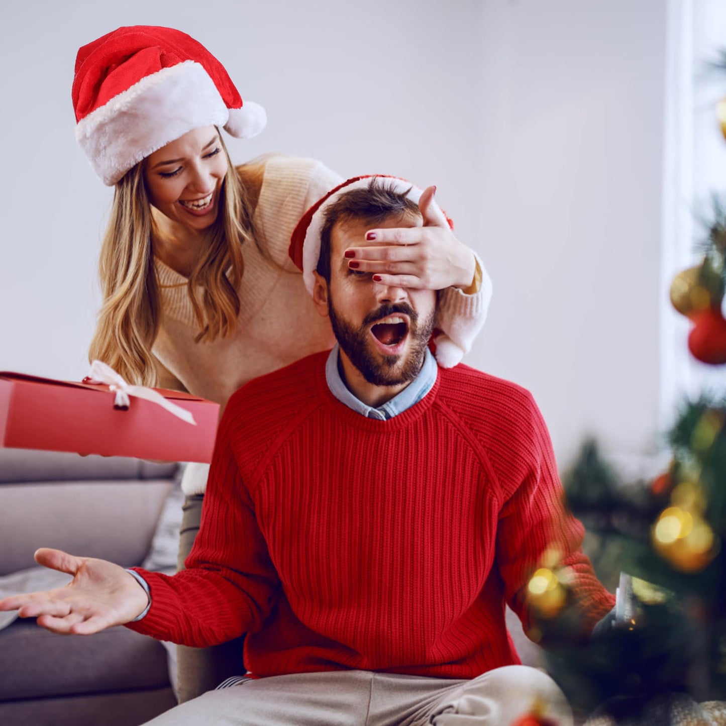 Eoocan Santa Hat for Adults, Unisex Velvet Comfort Xmas Hats Extra Thicken Plush for Christmas New Year Festive Holiday Party