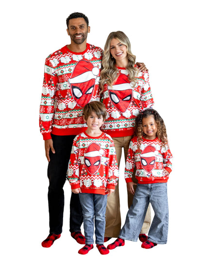 Marvel Family Sweatshirt Tops, Spider-Man Christmas Print Long Sleeve Casual Style Winter Pullover, Holiday Look Women Regular Fit, Red Sizes Medium