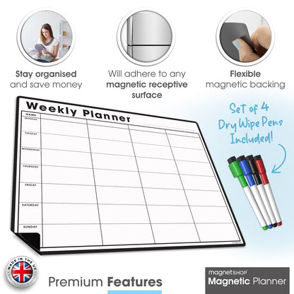 TMS A3 Magnetic Weekly Planner Whiteboard for Fridge | Dry Wipe Meal Planner, Calendar or Memo Board | Plan Family or Business Tasks | Dry Erase to Do List Magnet | with 4 Dry Erase Pens [30 x 42cm]