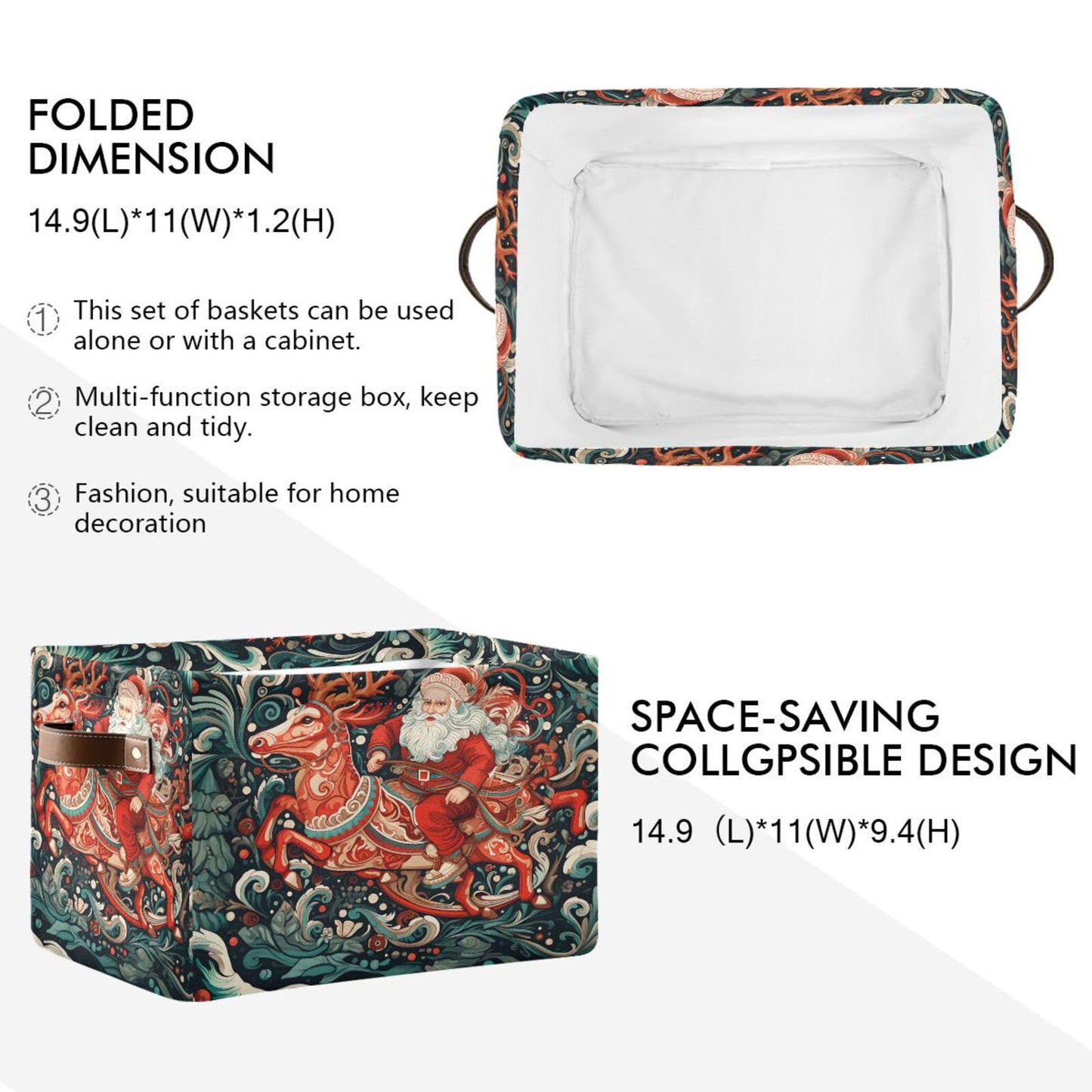 Christmas Storage Basket, Christmas Santa Elk Wave Foldable Fabric Collapsible Storage Bins Organizer Bag for Storage Clothes