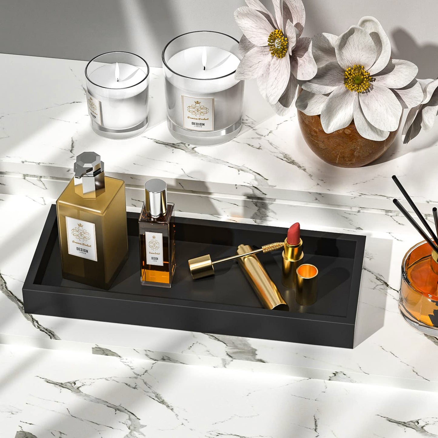 ZHWS Bathroom Tray Countertop for Toiletries, Black Vanity Tray for Makeup Perfume Decor Candle, Bamboo Kitchen Tray for Soap Dispenser Salt Pepper Brush Holder 11.3” L x 4.4” W x 1.1” H