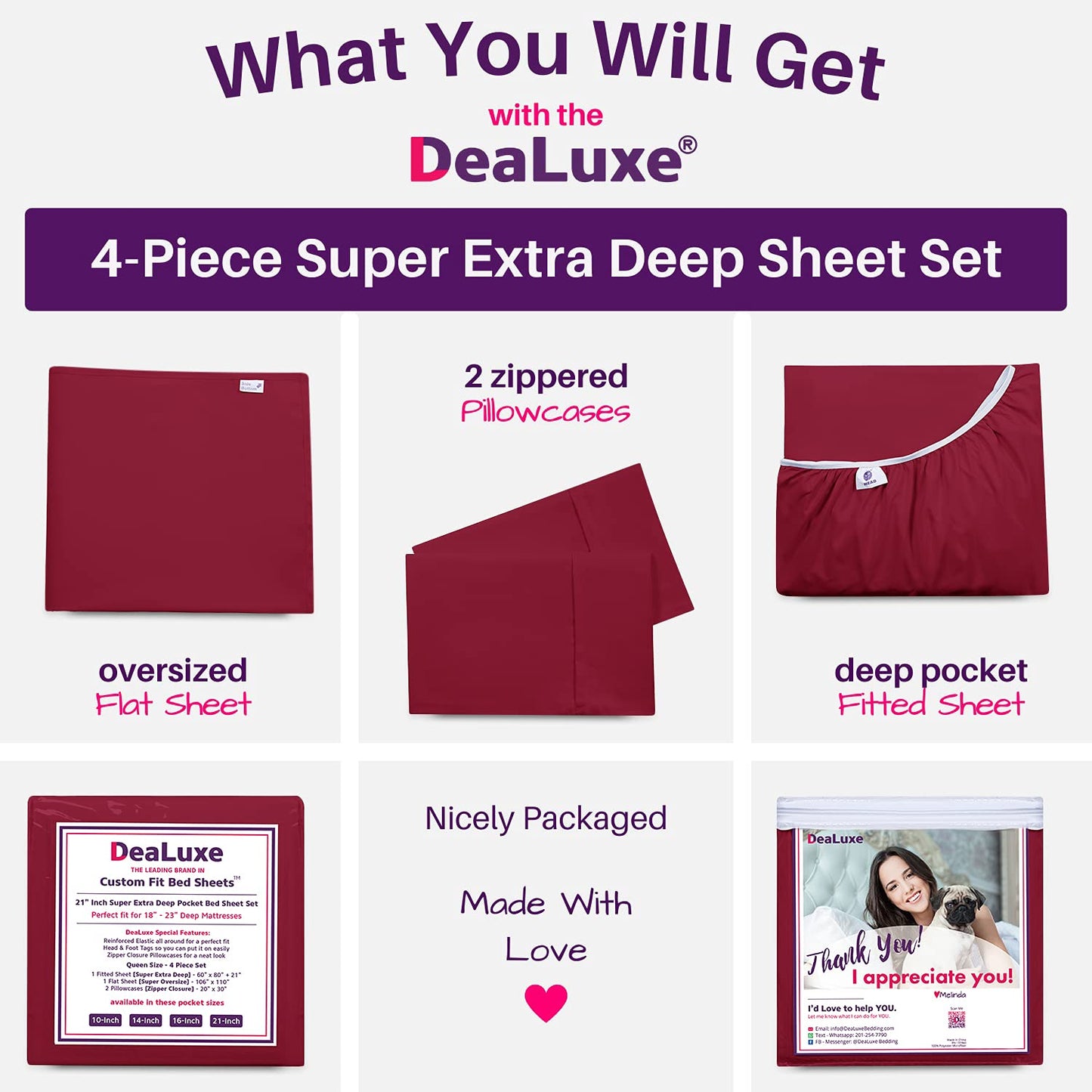Deep Pocket King Size Sheets – 21” Oversize Bed Linens, 4Piece [Deep Flat Sheet, Fitted, 2X Zippered Pillowcases] – 18”-23” – Red