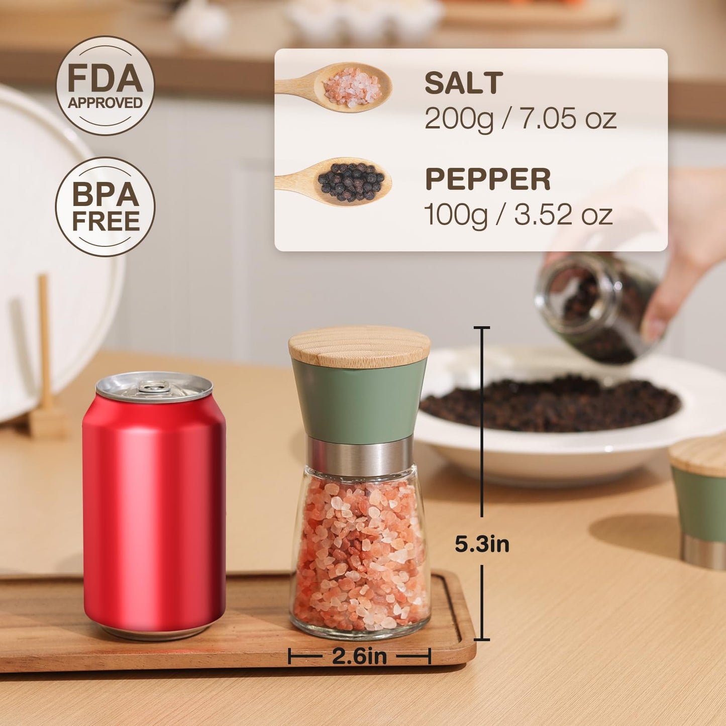 VUCCHINI Salt and Pepper Grinder Set Bamboo Lid- Adjustable Coarse Salt and Pepper Mills - Refillable Ceramic Burr Kitchen Gift Manual Spice Grinder Green