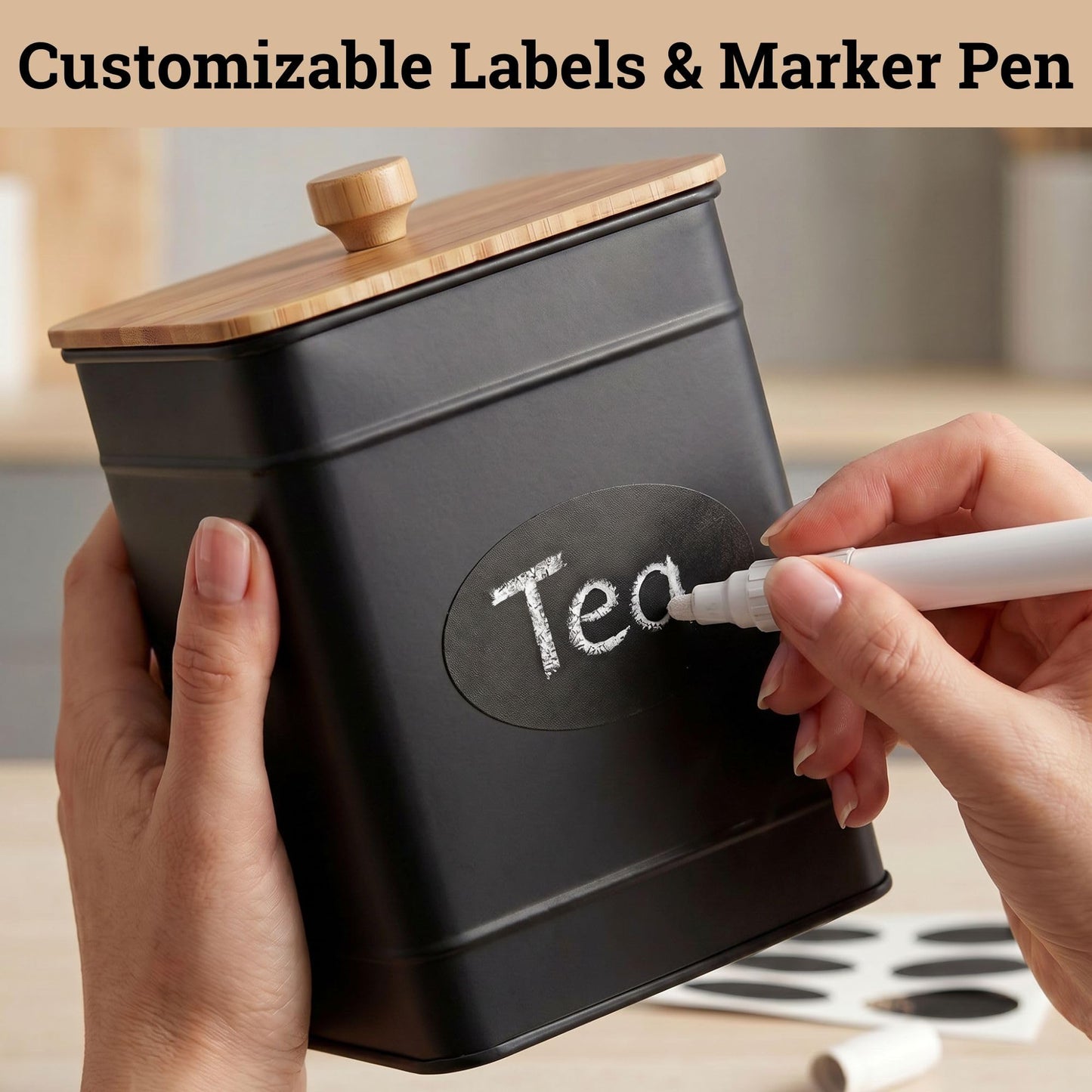Kitchen Canisters for Countertop Set of 3 with Customizable Chalkboard Labels & Marker Pen - Big Iron Kitchen Canisters with Airtight Lids - Black Canister Set - Flour and Sugar Containers Farmhouse