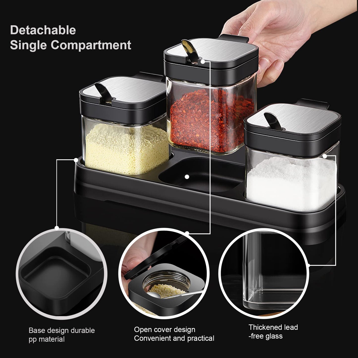 Clear Glass Condiment Canisters Pots, 8 oz Condiment Jar Spice Container with 304 Stainless Steel Lids and Spoons, Glass Seasoning Box Set of 3 Spice Jars Salt Container Sugar Bowl for Kitchen(Black)