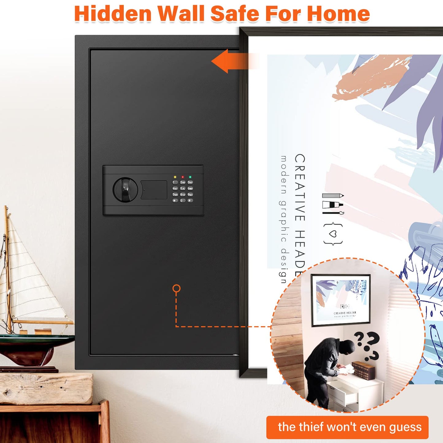 25.6" Tall Fireproof Wall Safes Between the Studs 16" Centers, Hidden Wall Safe with 2 Removable Shelf & Hidden Tray, Heavy Duty Wall Mount Safe for Money, Jewelry, Passport, Valuables