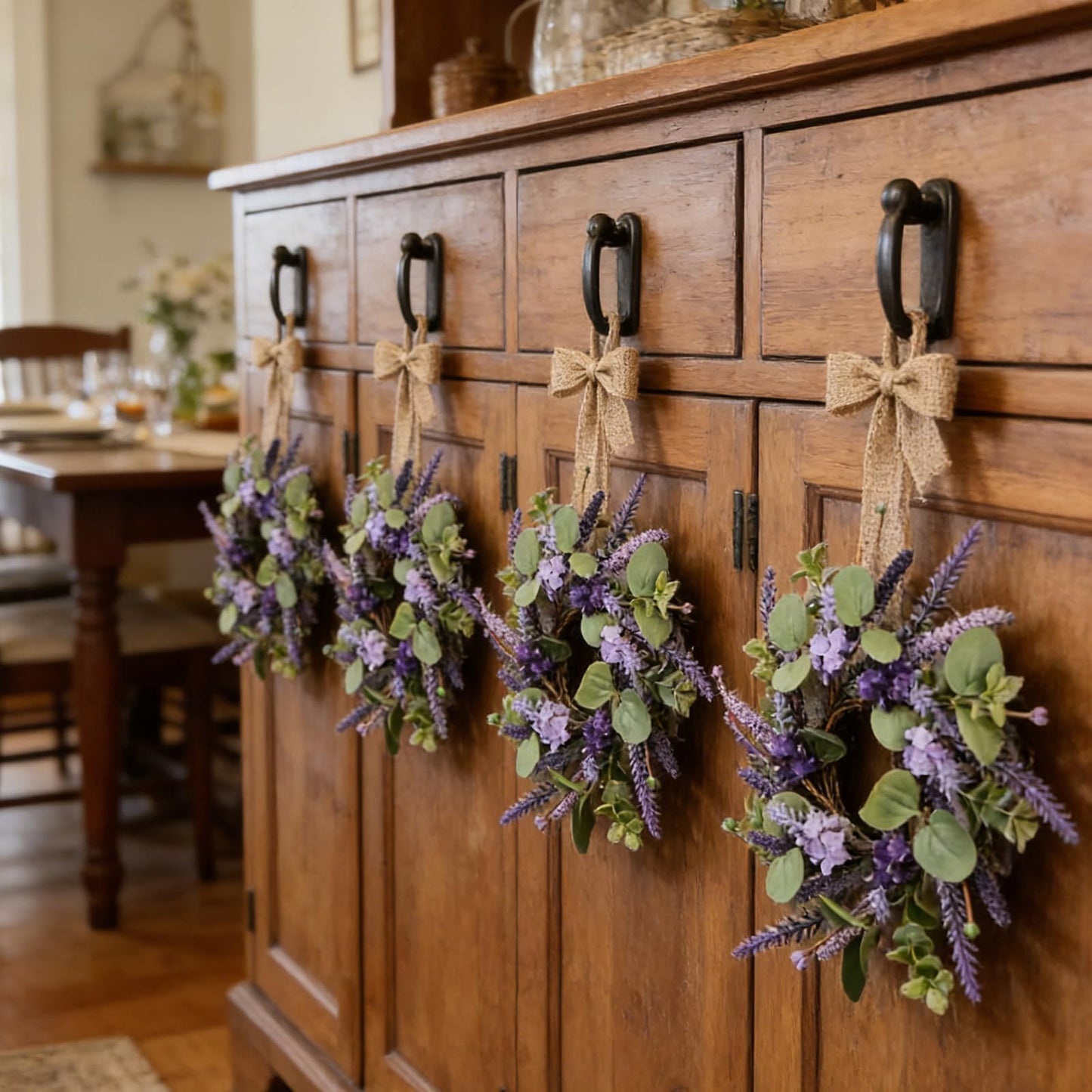 6 Pcs Small Lavender Hanging Wreaths for Cabinets with Violet Hydrangea Flowers and Eucalyptus Leaves Spring Summer Mini Candle Ring Wreath for Home Kitchen Front Door Window Porch Wall Wedding Decor