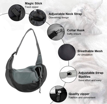 Small Dog Puppy Sling Carrier, Hands-Free Cat Carry Bag Mesh Pet Dog Papoose Pouch Tote Adjustable Padded Shoulder Pet Sling with Pocket & Collar Hook Pet Safety Carrier for Daily Walking Subway,L