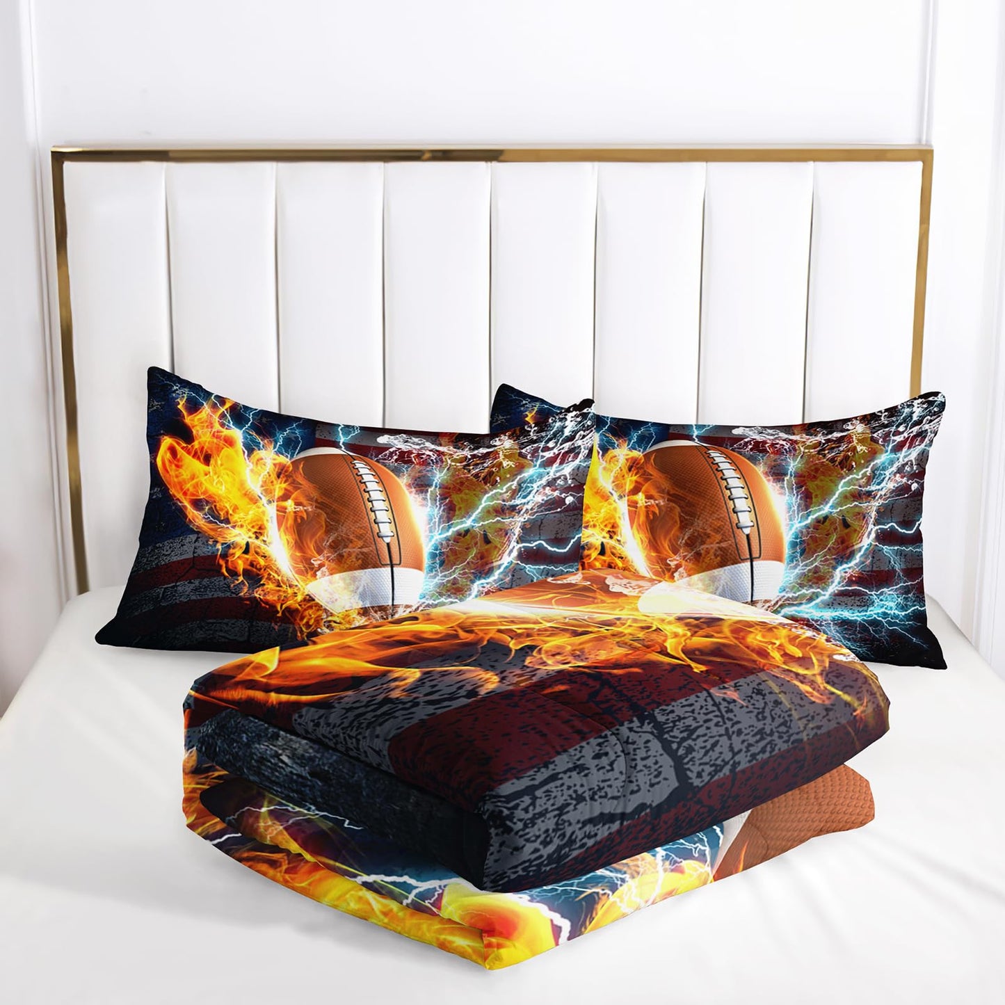 Nttopship Football Comforter Sets Twin Size, Bedding Sets for Kids,US Flag and Fire Football Comforter Sets All Season 1 Comforter and 2 Pillowcases