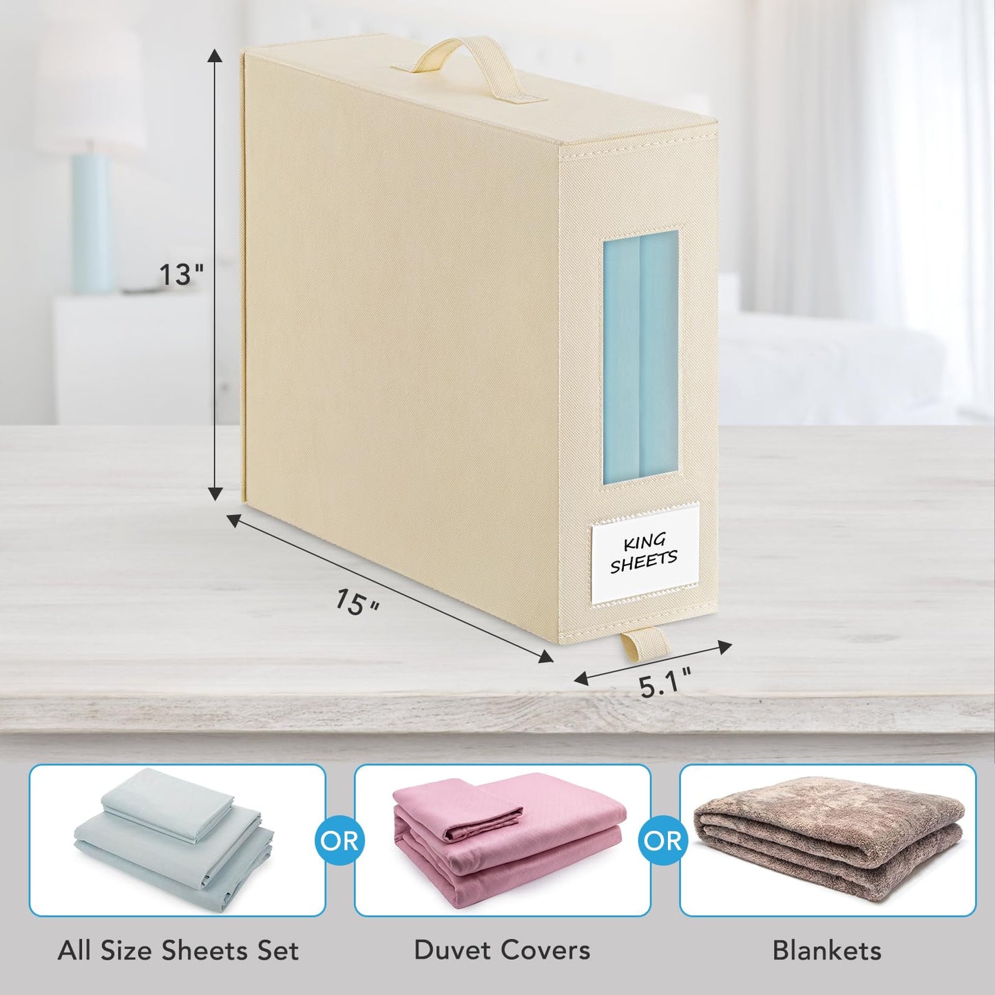 Baesyhom 6 Pcs Bed Sheet Organizers and Storage, Large Size Sheet Set Organizers (Queen & King) Duvet Covers Blanket Storage for Linen Closet with Handle, Zipper, Label and Clear Window, Grey & Beige