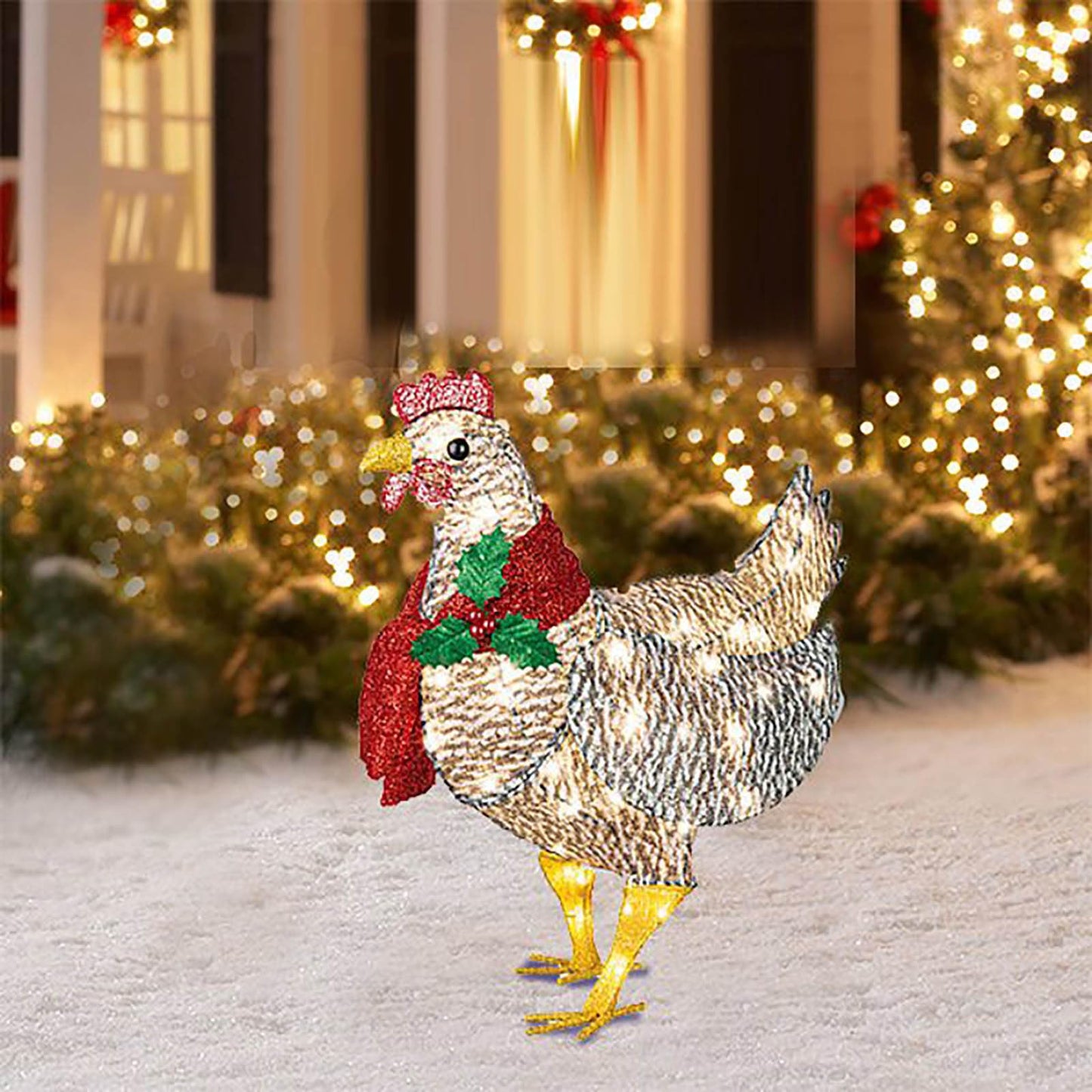 Plplaaoo Light Up Chicken Christmas Decoration with LED Lights – Light-Up Chicken Ornament with Scarf, Battery Operated Outdoor Lighted Chicken Decoration for Garden or Lawn(15.7x9.8in)