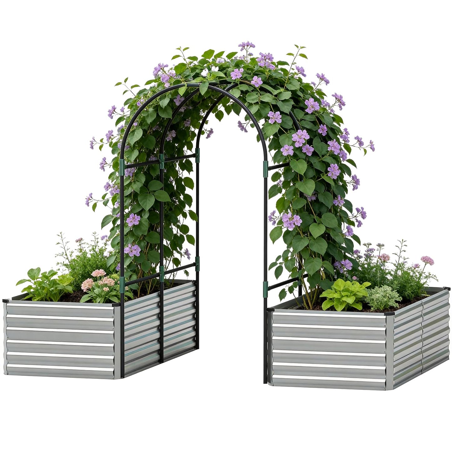 FOOWIN Raised Garden Bed with Arch Trellis for Climbing Plants,Galvanized Raised Garden Bed,Planter Boxes Outdoor for Vegetables Flowers Herb,478 Gallon Capacity Silver