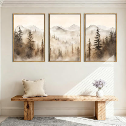 IARTTOP Large Mountain Forest Framed Canvas Wall Art 16x24 Inch Set of 3 Abstract Misty Woodland Painting Modern Farmhouse Art Prints for Living room Dining room