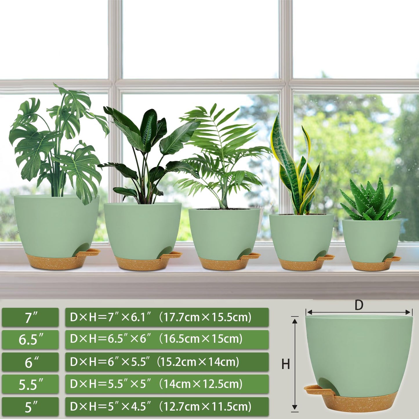 Self Watering Planters with Drainage Holes Reservoir,Nursery Planting Pot for Indoor Decor Garden Plants Succulents,Snake Plant, African Violet,Plastic Flower Pots Set 7+6.5+6+5.5+5 Inch (Green)