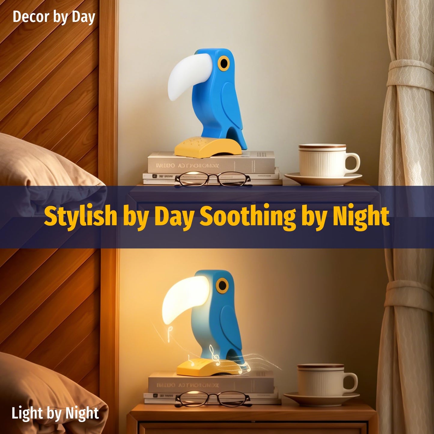Aokpsrt Rechargeable Toucan Night Light with White Noise, Bird Table Lamp with RGB Mood Lighting, 3-Level Dimmable Warm Light, USB Bedside Lamp for Bedroom, Desk, Shelf, Blue