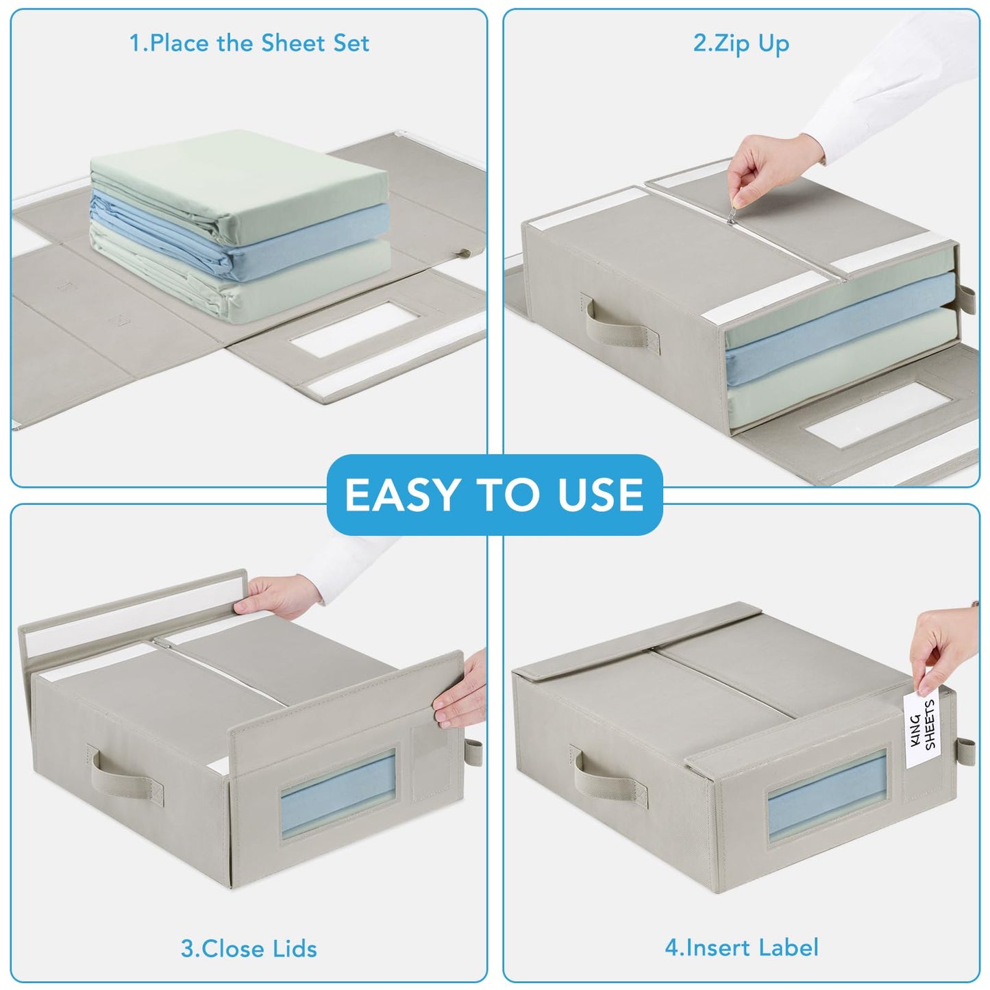 Baesyhom 12 Pcs Bed Sheet Organizers and Storage, Large Size Sheet Set Organizers (Queen & King) Duvet Covers Blanket Storage for Linen Closet with Handle, Zipper, Label and Clear Window, Grey & Beige