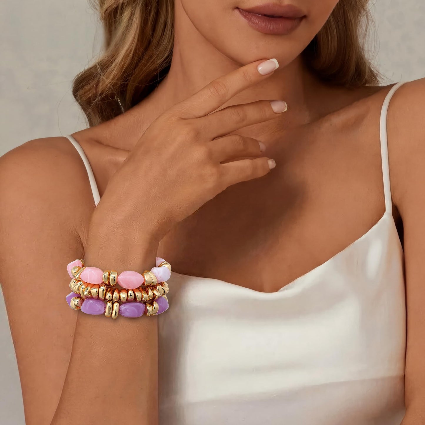 Sajidos Gold Plated Beaded Bracelets for Women Trendy, 14K Gold Plated Stack Cross Pearl Gold Plated Bead Stretch Bracelets Set Elastic Hypoallergenic Bracelets Jewelry Gifts (style13-pinkpurple)