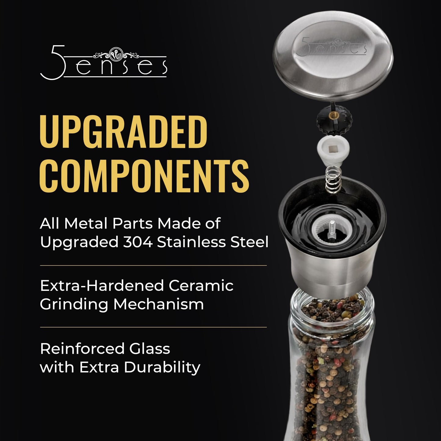 5Senses SpiceCare Salt and Pepper Grinder Set of 2 (200ml) | Stainless Steel & Glass Manual Pepper Mill | Adjustable Ceramic Coarseness | Refillable Salt Shaker for Peppercorns, Sea Salt & Spices