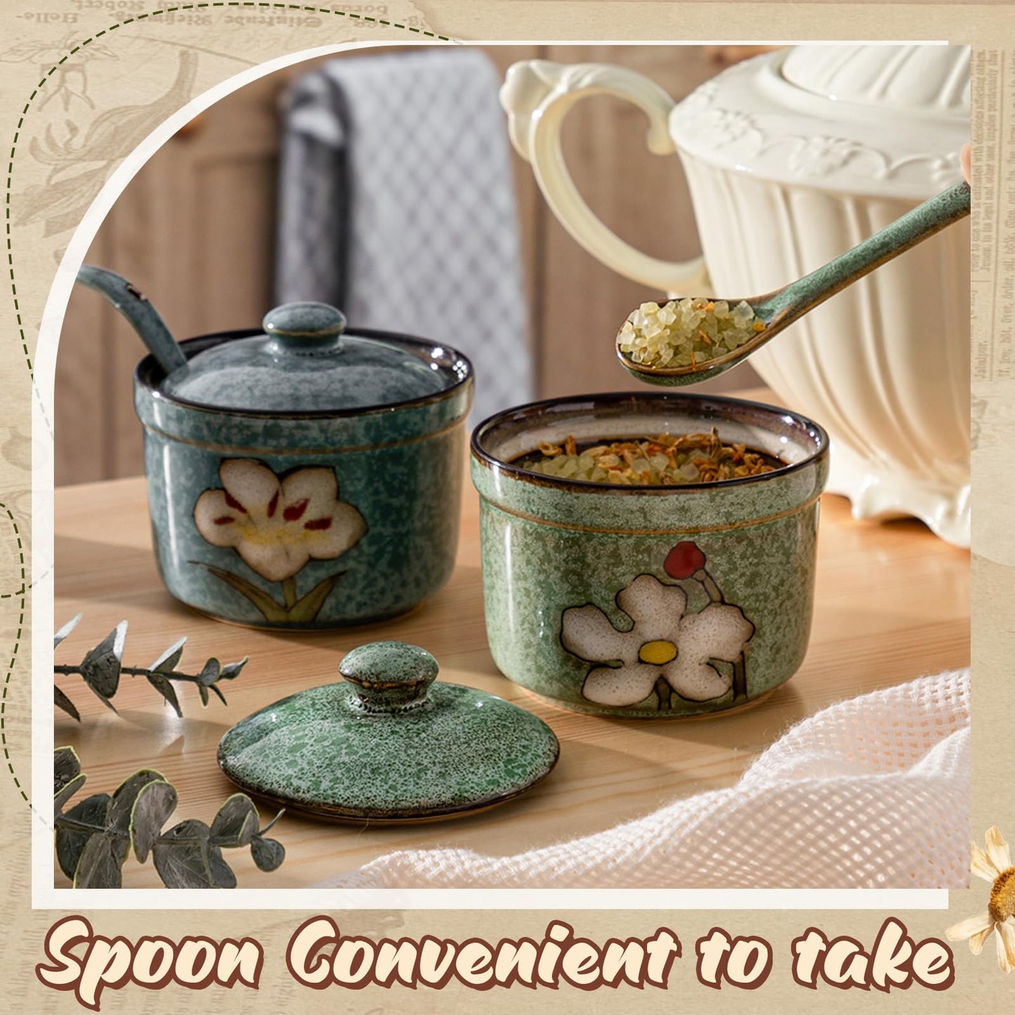 Acellegic 2 Pack Retro Hand Painted Flower Ceramic Salt Pepper Cellar with Lid and Spoon, Heavyweight Round Sugar Spice Containers Porcelain Jar for Housewarming Gift, Artisan Kitchen Decoration