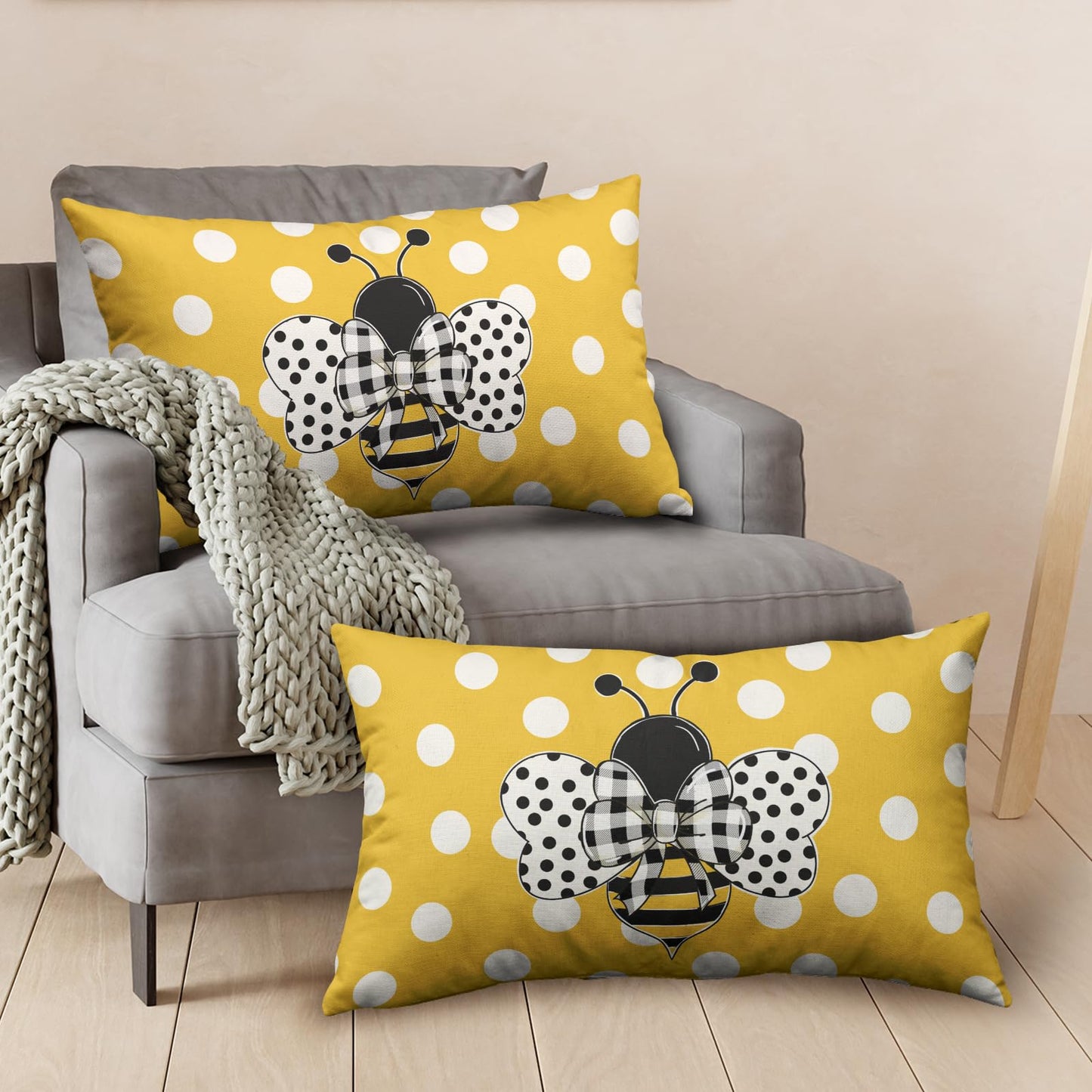 Wnoesat Lumbar Pillows Covers 12x20 Set of 2 Spring Summer Farmhouse Decorative Bumble Bee Polka Dots Throw Pillow Cover Yellow Honey Bee Rectangle Waist Cushion Case for Outdoor Couch Patio