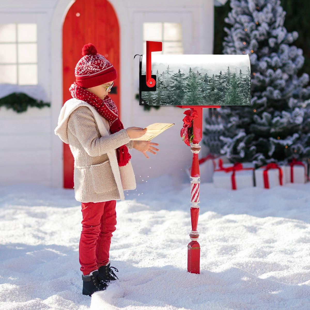 Winter Forest Tree Scenery Snow Magnetic Mailbox Cover Christmas White Green Xmas Mailbox Covers Standard Size Garden Yard Post Wraps Mail Box Cover Outdoor Decorations 25" L x 21" W