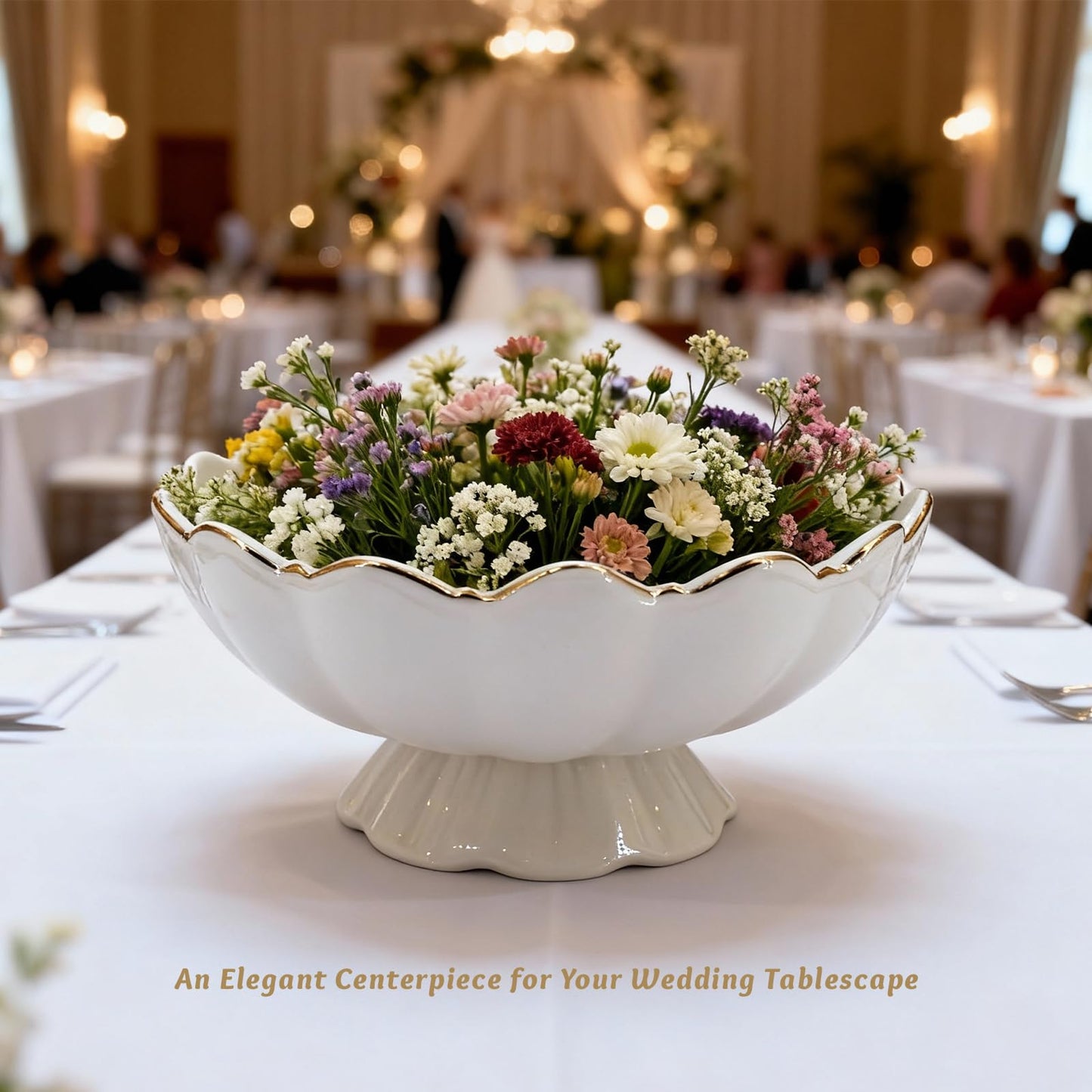 White Small Decorative Bowl 8 Inch Ceramic Key & Fruit Bowl Ruffle Lotus Shape with Gold Rim Candy Bowl, Multi-Use Centerpiece Pedestal Bowls for Kitchen Counter, Coffee Table, Entryway, Wedding