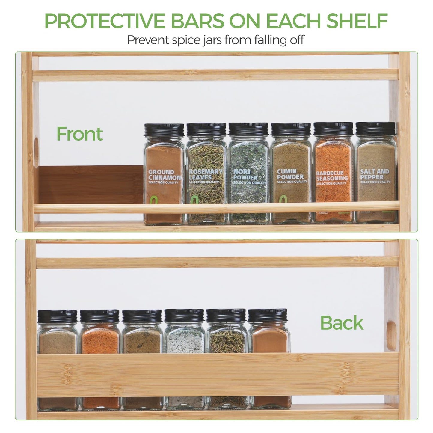 Bambition Bamboo Spice Rack Organizer, 3 Tier Spice Storage Rack with Handles, Wood Seasoning Jars Shelf for Kitchen Counter, Pantry or Wall Mounting