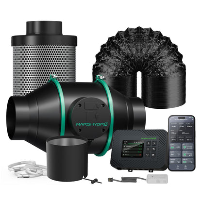 MARS HYDRO 4 Inch Air Filtration Kit, Inline Duct Fan with iControl Temperature & Humidity Controller, App Remote Control, Carbon Filter Combo +25Ft Ducting, Grow Tent Hydroponics Ventilation System