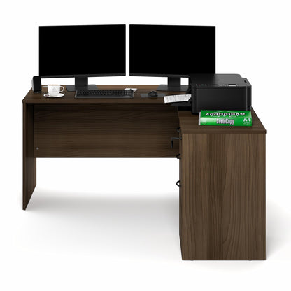 Furinno Roger 60 Inch L-Shaped Executive Desk with File Cabinet, L-Shaped Office Desk with 3-Drawer Fixed Pedestal Filing Cabinet, Desk Cord Grommet, for Home Office, Modern Walnut