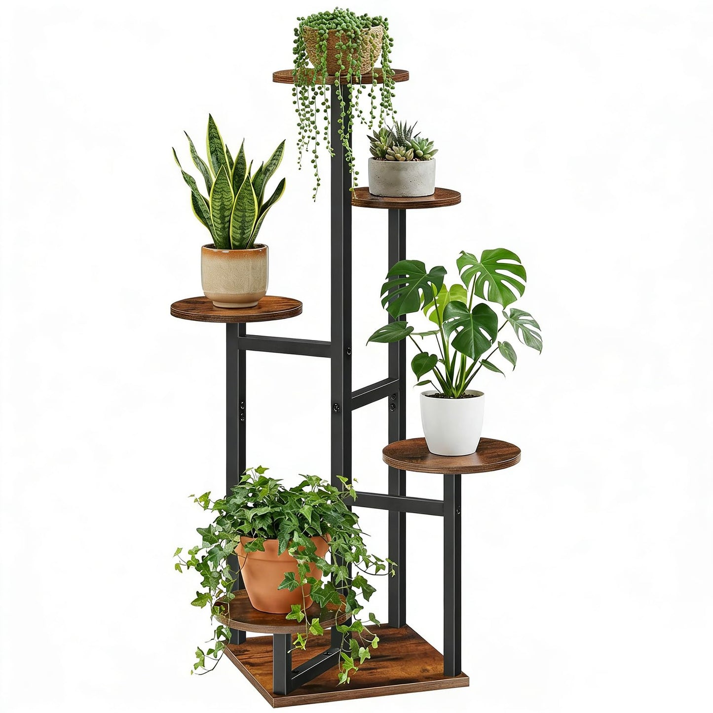 HOOBRO 5-Tier Corner Plant Stand Indoor, Round Vertical Plant Shelf for Small Spaces, Space Saving Flower Rack for Living Room, Balcony & Patio, Rustic Brown and Black BF05HJ01