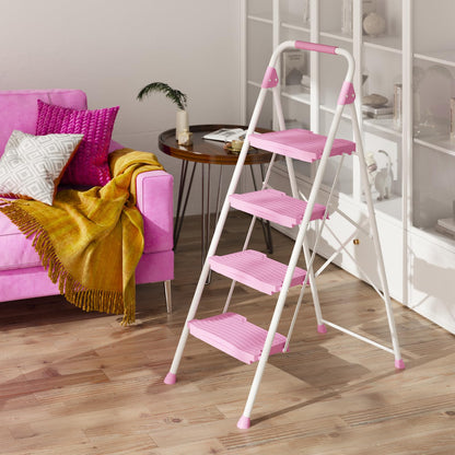 KINGRACK 5-Step Ladder with Tool Platform, 4-Step Pink Ladder, Sturdy and Foldable Step Stool for Home Garage Office