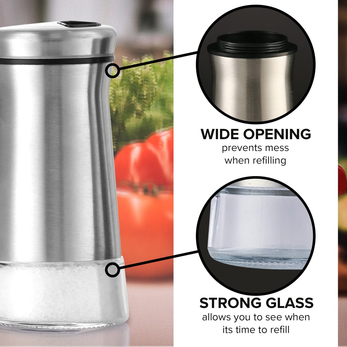 Salt and Pepper Shaker Set, Stainless Steel & Glass Spice Shakers, Adjustable Pour Holes, Refillable Salt & Pepper Dispensers for Kitchen & Dining Table Set of 2 Bottles